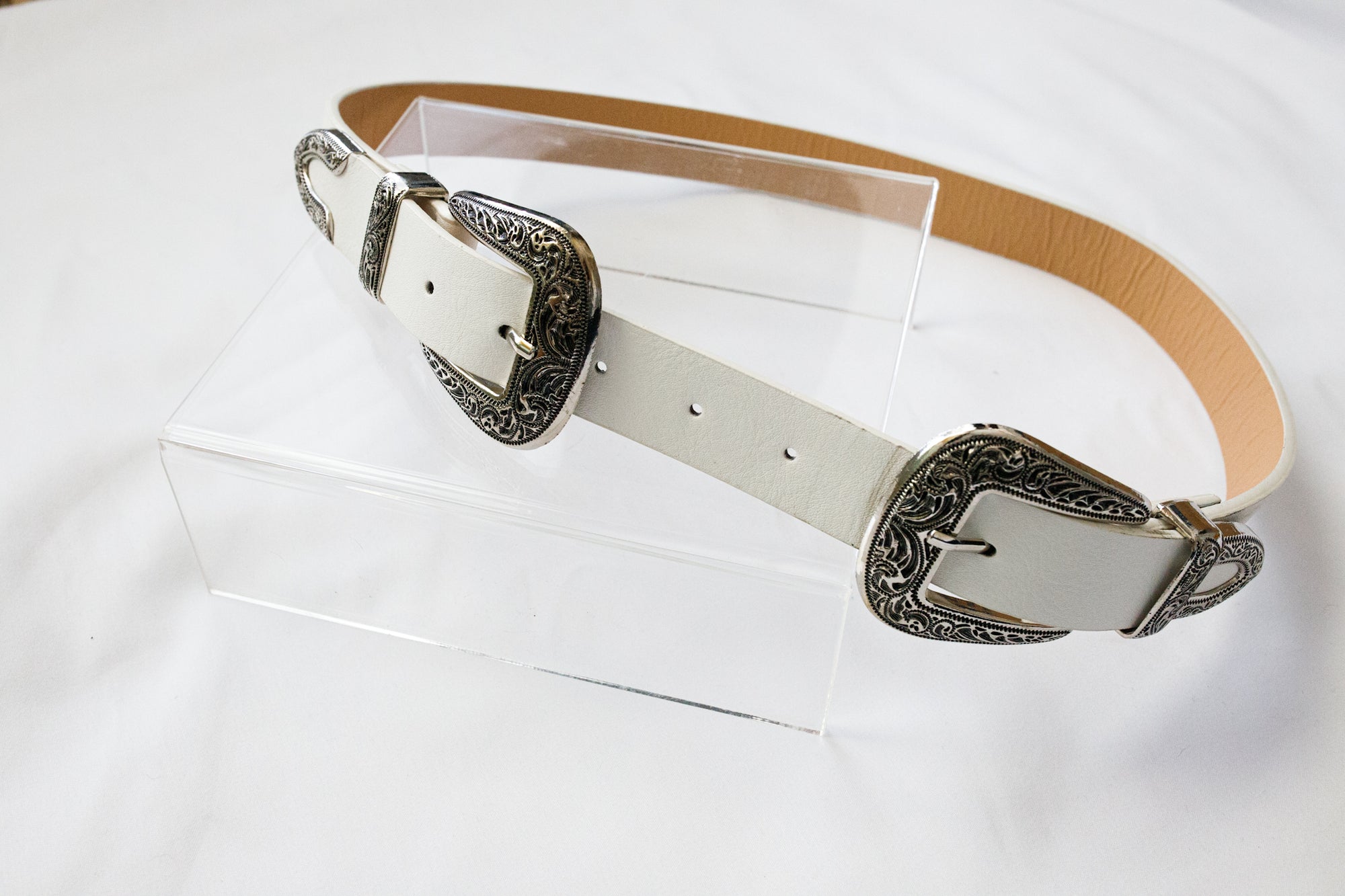 White Double Buckle Western Belt